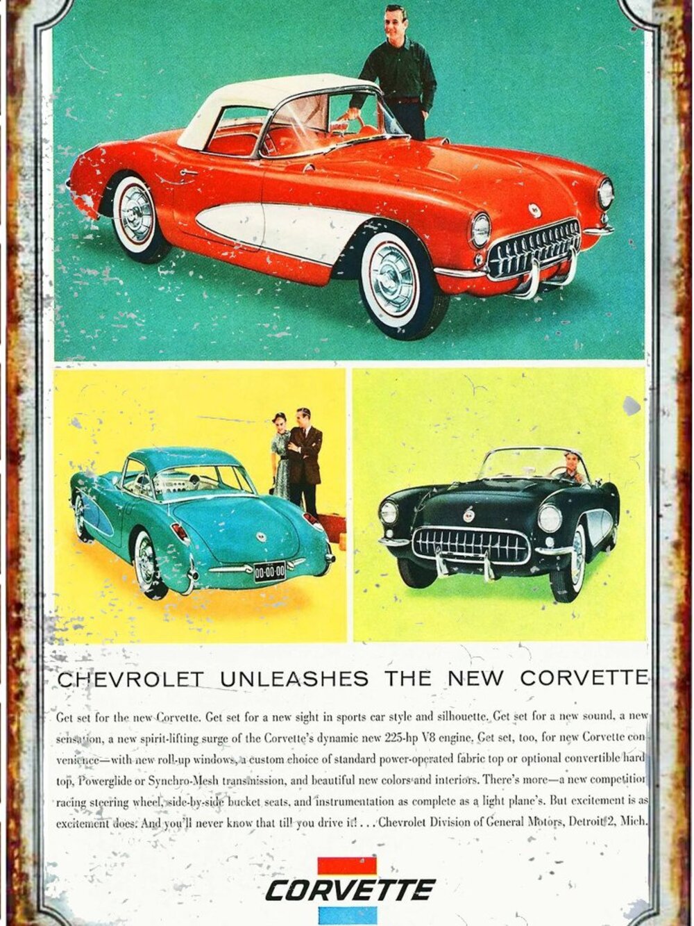 1954 Corvette Advertising Metal Tin Sign 8 x 12 Inches Has 2 Holes For Hanging
